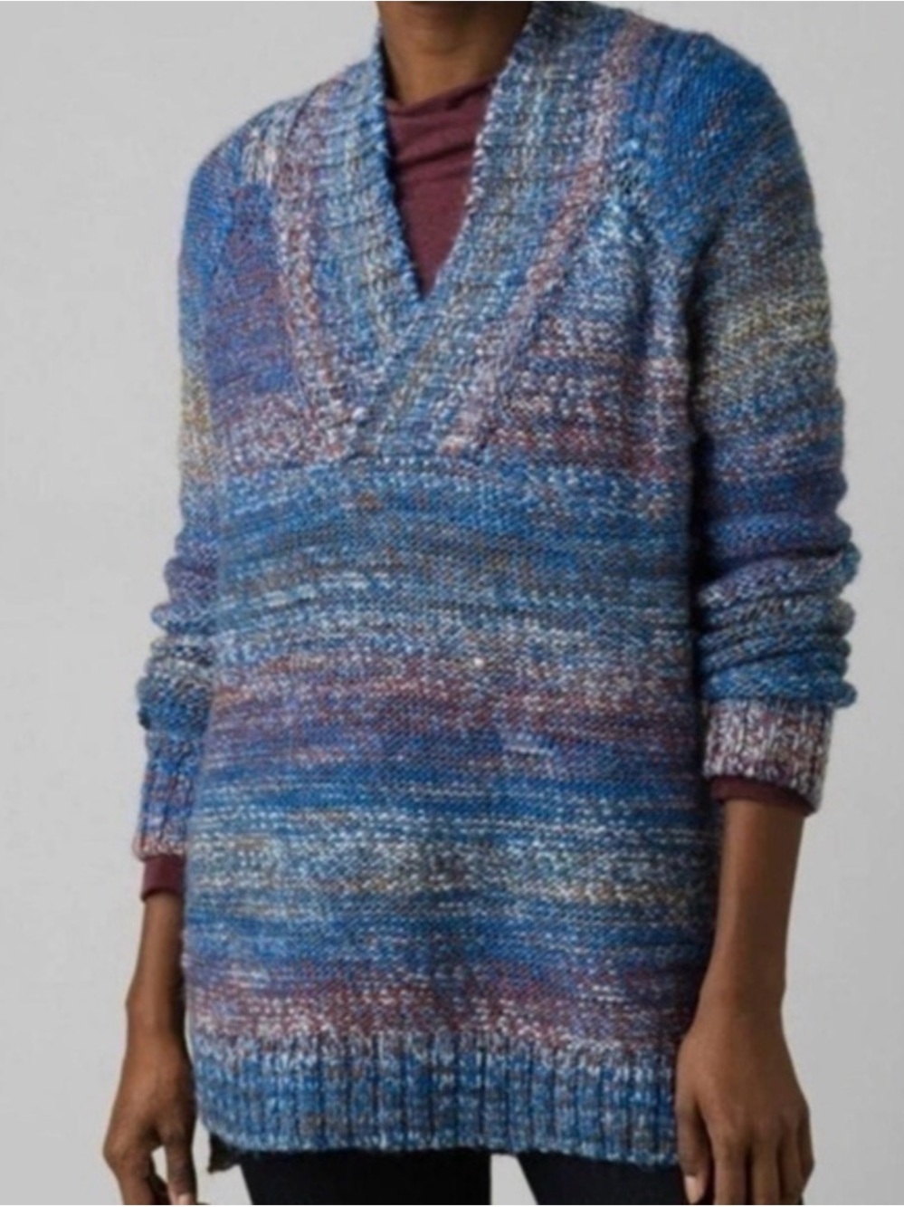 Prana Claus Blue Marled V-Neck Knit Sweater